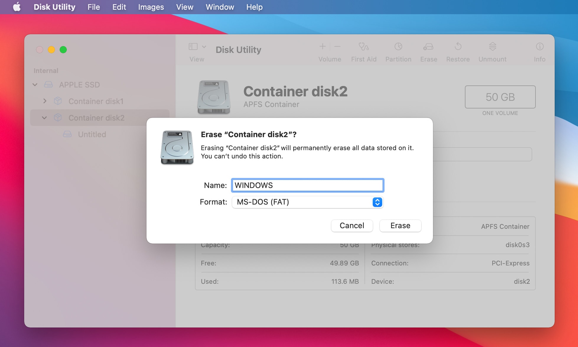 erase new container disk2 with fat format