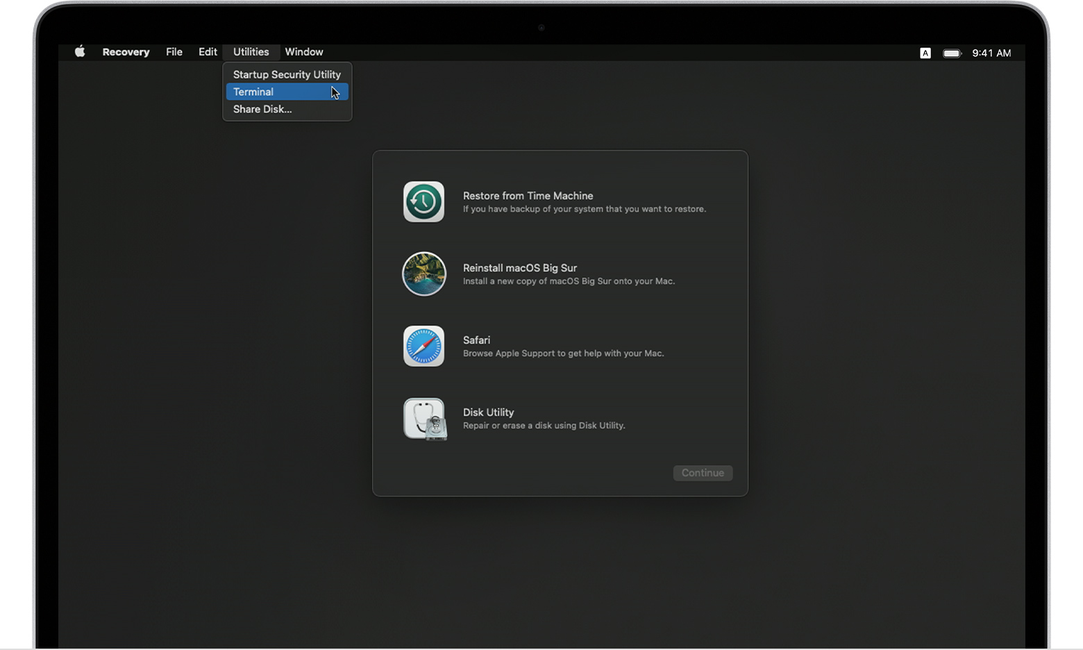macos big sur as recovery menu utilities terminal 2